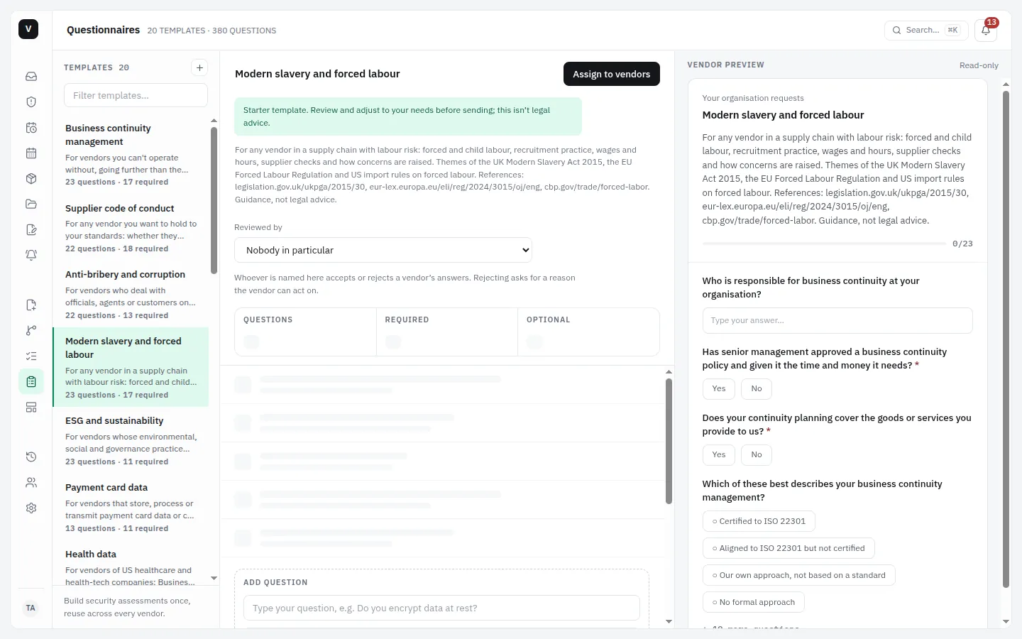 A questionnaire pack in Vendorroll on the left, with a preview of what the supplier will see on the right.