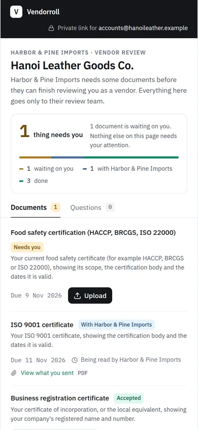 What a supplier sees on a phone when they open their link: what is needed from them, an upload button, and the documents already accepted.